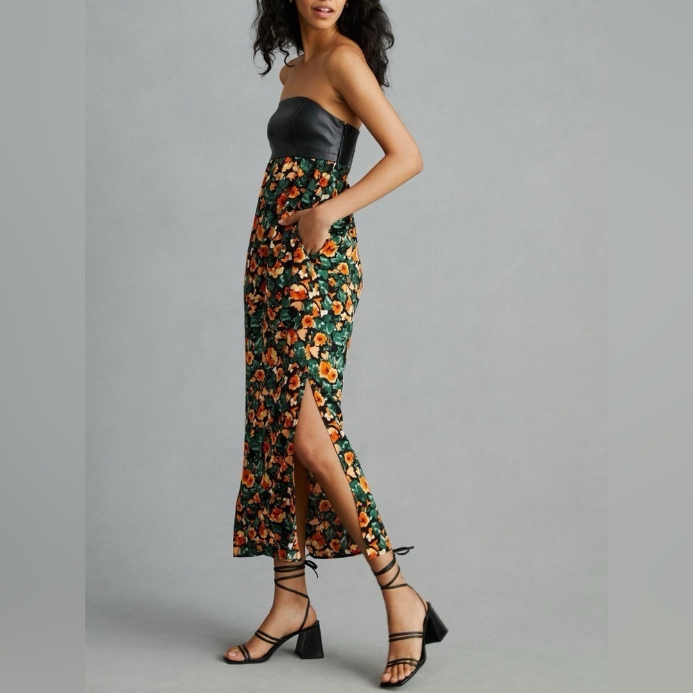 NWT Mare Mare X Anthropologie Faux Leather Strapless Dress Floral Black Motif